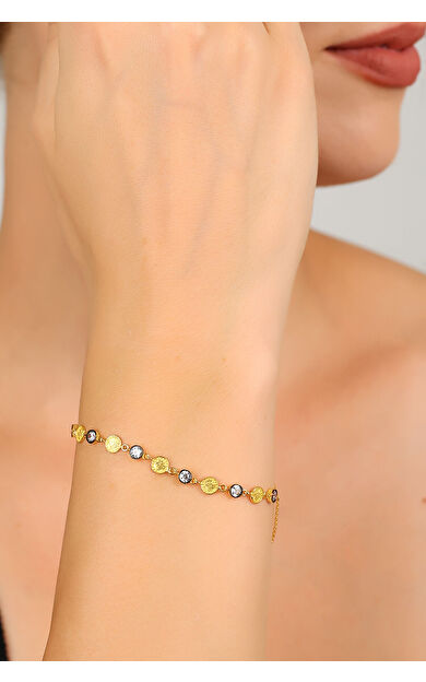 Kolyecik 14 Ayar Altın Yuvarlak Taşlı Tuğra Bileklik