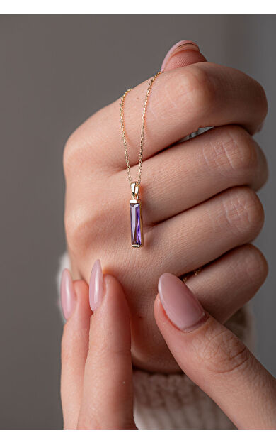 Kolyecik 14 Ayar Altın Amatist Taş Çubuk Kolye