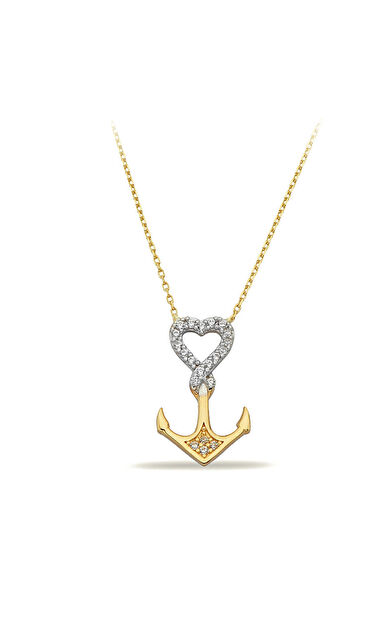 Kolyecik 14 Ayar Altın Kalpli Çapa Kolye