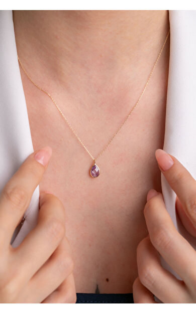 Kolyecik 14 Ayar Altın Damla Taş Lila Kolye