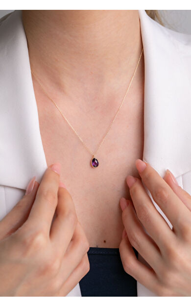 Kolyecik 14 Ayar Altın Damla Taş Mor Kolye