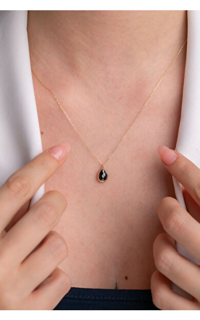 Kolyecik 14 Ayar Altın Damla Taş Siyah Kolye