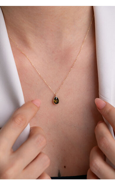 Kolyecik 14 Ayar Altın Damla Taş Yeşil Kolye