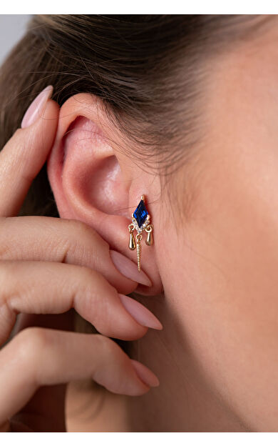 Kolyecik 14 Ayar Altın Lacivert Taşlı Sallantılı Küpe