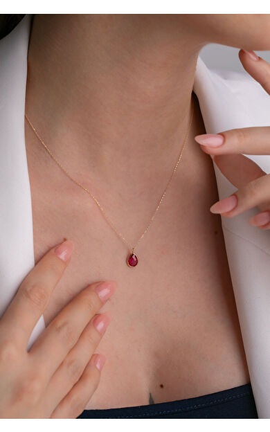 Kolyecik 14 Ayar Altın Fuşya Damla Taş Kolye