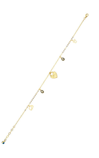 Kolyecik 14 Ayar Altın Kalp Kilit ve Nazar Boncuklu Halhal