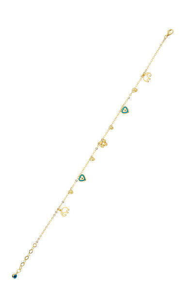 Kolyecik 14 Ayar Altın Kalpli Nazar Boncugu Ve Yuvarlak Dorika