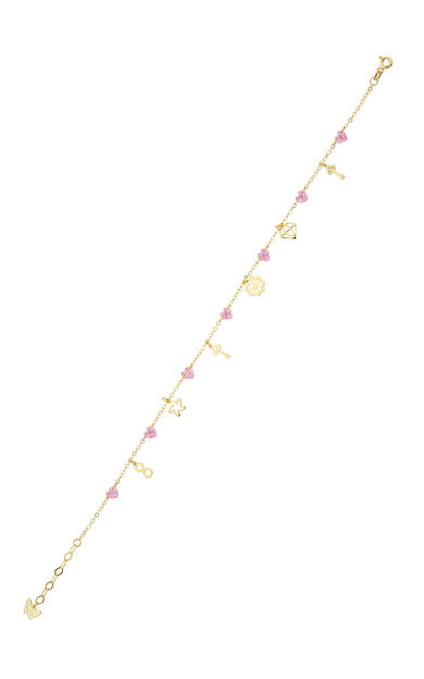 Kolyecik 14 Ayar Altın Pembe Kalpli Ve Figürlü Halhal