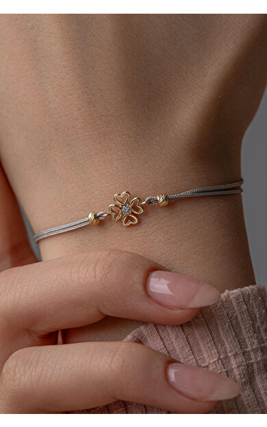 Kolyecik 14 Ayar Altın İpli Kalp Yonca Bileklik