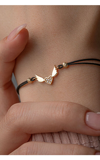 Kolyecik 14 Ayar Altın İpli Kanatlı Kalp Bileklik