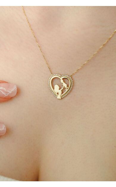 Kolyecik 14 Ayar Altın Kalpli Anne Çocuk Kolye