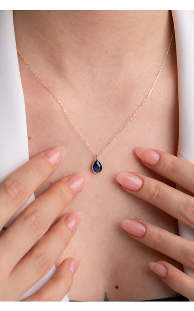 Kolyecik 14 Ayar Altın Lacivert Damla Taş Kolye