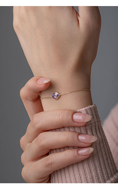 Kolyecik 14 Ayar Altın Lila Damla Taş Bileklik