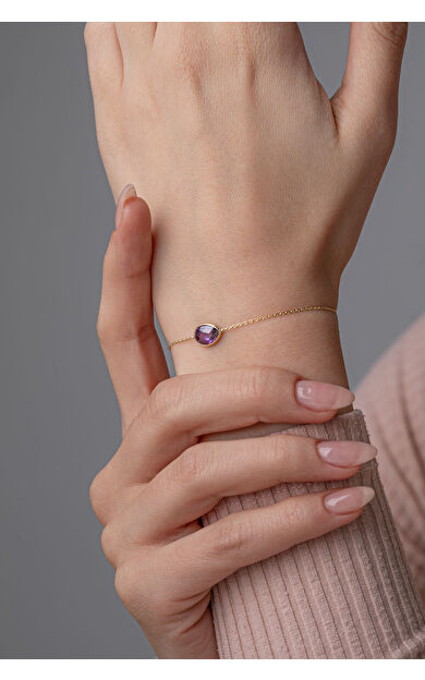 Kolyecik 14 Ayar Altın Mor Damla Taş Bileklik