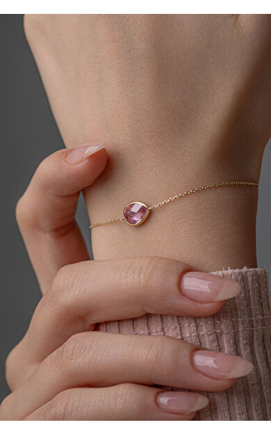 Kolyecik 14 Ayar Altın Pembe Damla Taş Bileklik