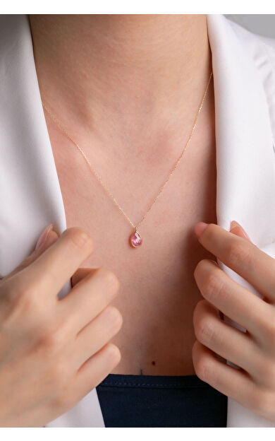 Kolyecik 14 Ayar Altın Pembe Damla Taş Kolye