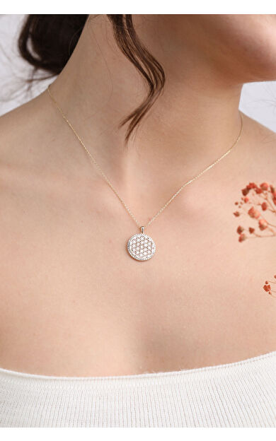 Kolyecik 14 Ayar Altın Çerçeve Taşlı Lotus Kolye