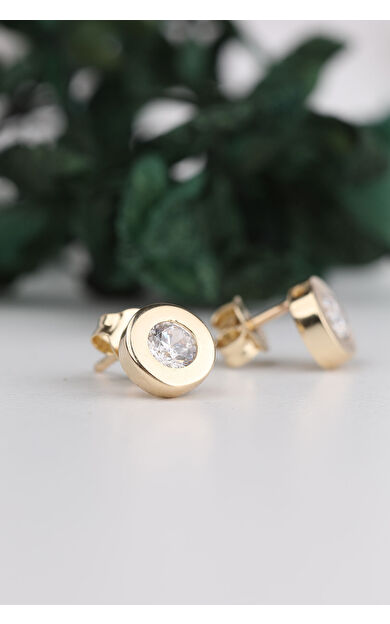 Kolyecik 14 Ayar Altın Cilalı Tektaş Küpe