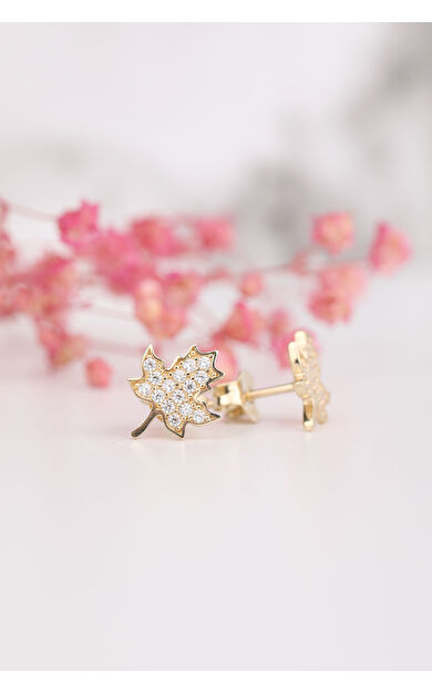 Kolyecik 14 Ayar Altın Çınar Yaprağı Küpe