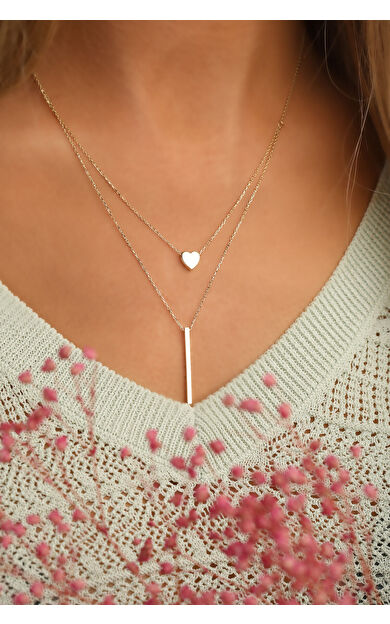 Kolyecik 14 Ayar Altın Çubuk ve Kalp Kolye