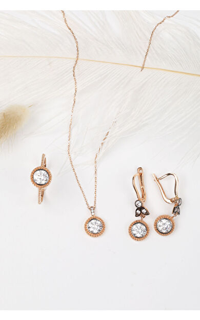 Kolyecik Altın Eskitme Montürlü Tek Taş Üçlü Takım