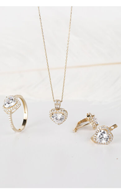 Kolyecik Altın Kalp Kesim Taşlı Takım