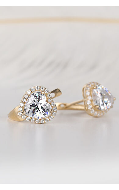 Kolyecik 14 Ayar Altın Kalp Taşlı Küpe