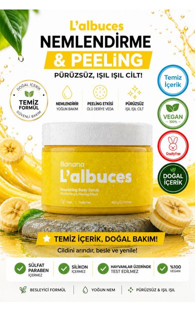 L'albuces Banana Body Scrub 400gr – Vegan, Temiz İçerikli, Muz Kokulu Pürüzsüz Cilt Bakımı 