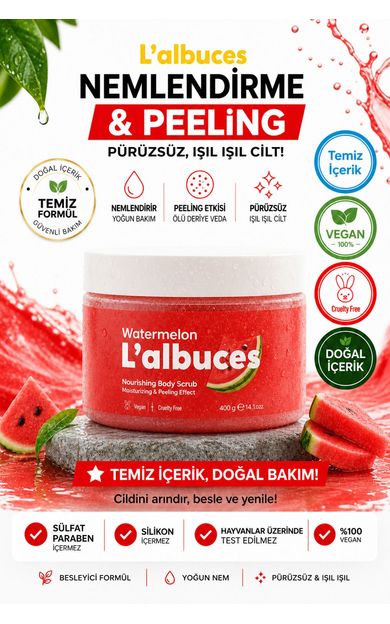 L'albuces Watermelon Body Scrub 400gr – Vegan, Temiz İçerikli, Karpuz Kokulu Pürüzsüz Cilt Bakımı 