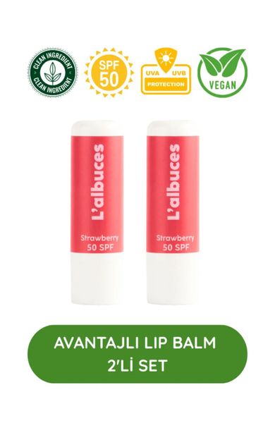 L'albuces 50 SPF Strawberry Lip Balm 2’li Set – Yüksek Güneş Koruması &amp; Nem 