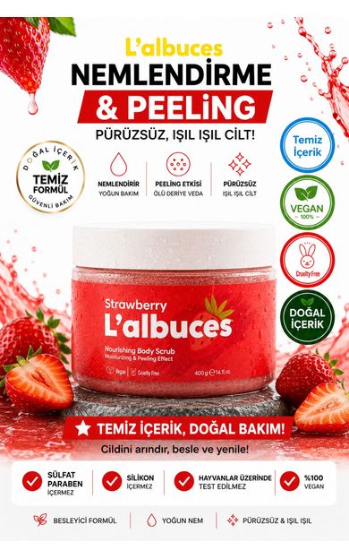 L'albuces Strawberry Body Scrub 400gr – Vegan, Temiz İçerikli, Çilek Kokulu Pürüzsüz Cilt Bakımı 