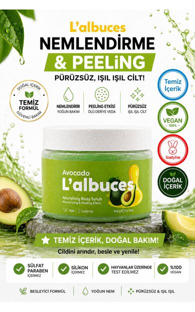 L'albuces Avocado Body Scrub 400gr – Vegan, Temiz İçerikli, Avokado Kokulu Pürüzsüz Cilt Bakımı 