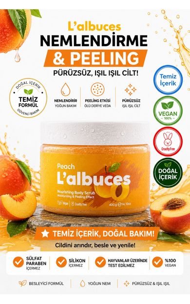 L'albuces Peach Body Scrub 400gr – Vegan, Temiz İçerikli, Şeftali Kokulu Pürüzsüz Cilt Bakımı 