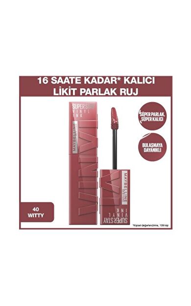 Maybelline New York Super Stay Vinyl Ink Uzun Süre Kalıcı Likit Parlak Ruj 40 Witty