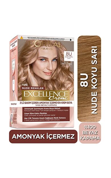 L’Oréal Paris Excellence Creme Nude Renkler Saç Boyası – 8U Nude Koyu Sarı
