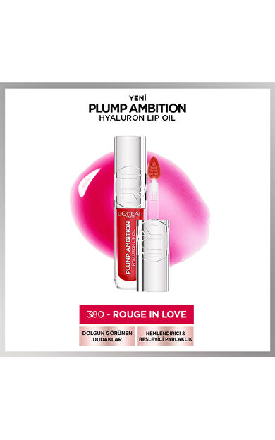 L'Oréal Paris Plump Ambition Hyaluron Lip Oil Besleyici ve Nemlendirici Dudak Parlatıcısı - 380 Rouge In Love