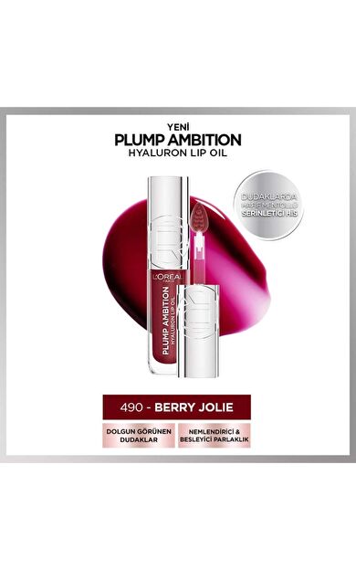 L'Oréal Paris Plump Ambition Hyaluron Lip Oil Besleyici ve Nemlendirici Dudak Parlatıcısı - 490 Berry Jolie