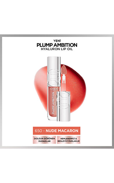 L'Oréal Paris Plump Ambition Hyaluron Lip Oil Besleyici ve Nemlendirici Dudak Parlatıcısı - 650 Nude Macaron