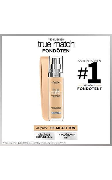 L'Oréal Paris True Match Bakım Yapan Fondöten - 4W Sıcak Alt Ton