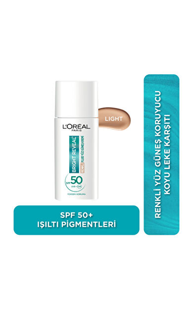 L'Oréal Paris Bright Reveal Spf 50+ Koyu Leke Karşıtı Renkli Fluid Günlük Yüz Güneş Kremi 50 ml - Light