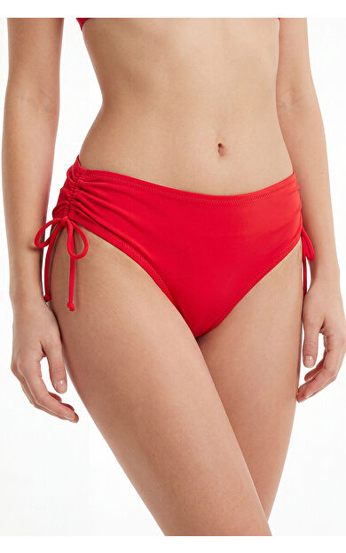 Kırmızı Yanları Büzgülü Yüksek Bel Tek Alt Bikini