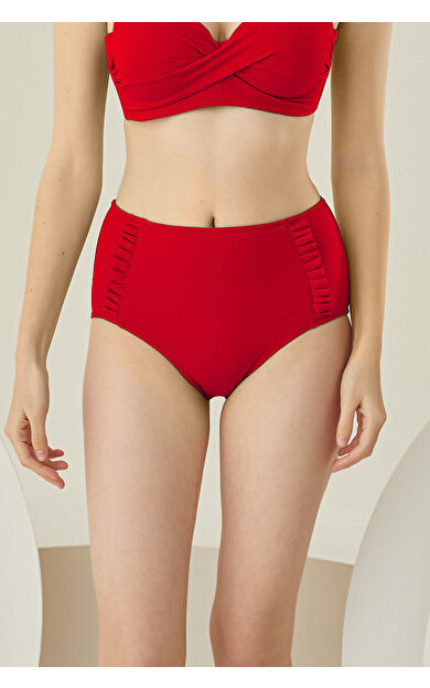 LOYA Kırmızı Yanları Fırfırlı Yüksel Bel Tek Alt Bikini