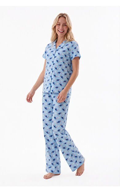 Mavi Stitch Önden Düğmeli Pijama Takımı