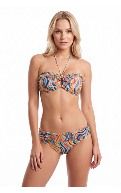 Renkli Boyundan Bağlamalı Fırfırlı Straplez Tek Üst Bikini