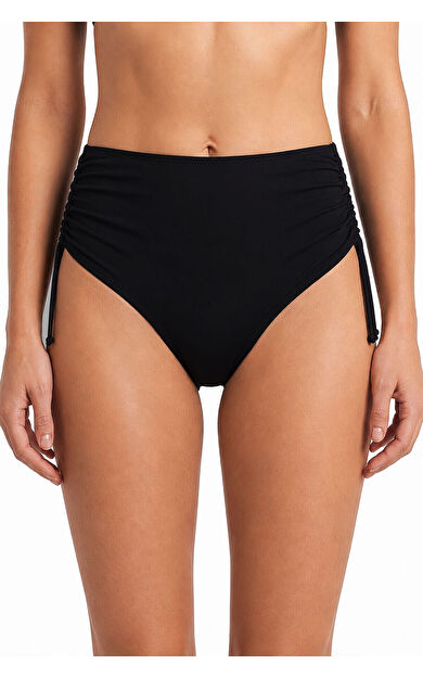Siyah Yanları Büzgülü Yüksek Bel Tek Alt Bikini