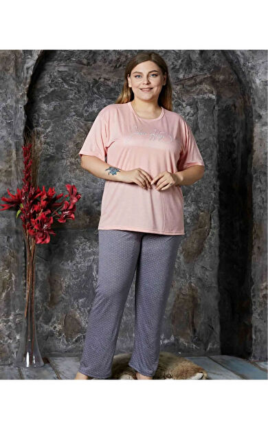 Büyük Beden Viskon Kumaş Battal Kısa Kol Kadın Pijama Takımı - Gri