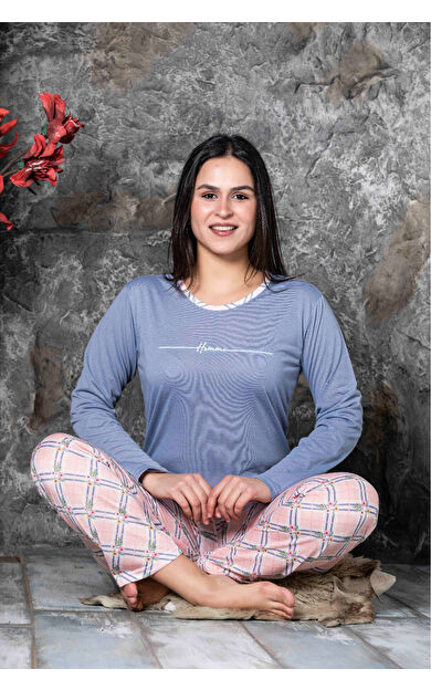 Uzun Kol  Pijama Takımı Pamuklu Sıfır Yaka