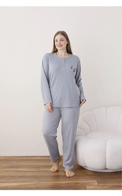Büyük Beden Battal İnterlok Kadın Pijama Takımı - Gri