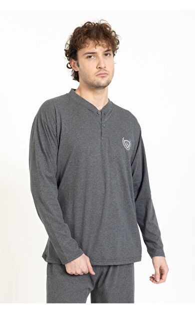 Erkek Battal Büyük Beden Pamuklu Pijama Takımı - Koyu Füme