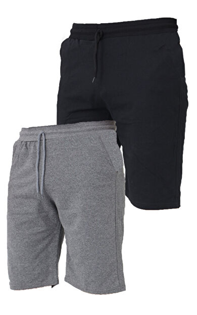 2 İplik Örme Pamuklu Erkek Şort 2 Adet - Siyah Gri